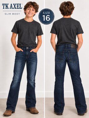 TK Axel Boys 16 Slim Bootcut Jeans Dark Wash Western Stretch Adjustable Waist